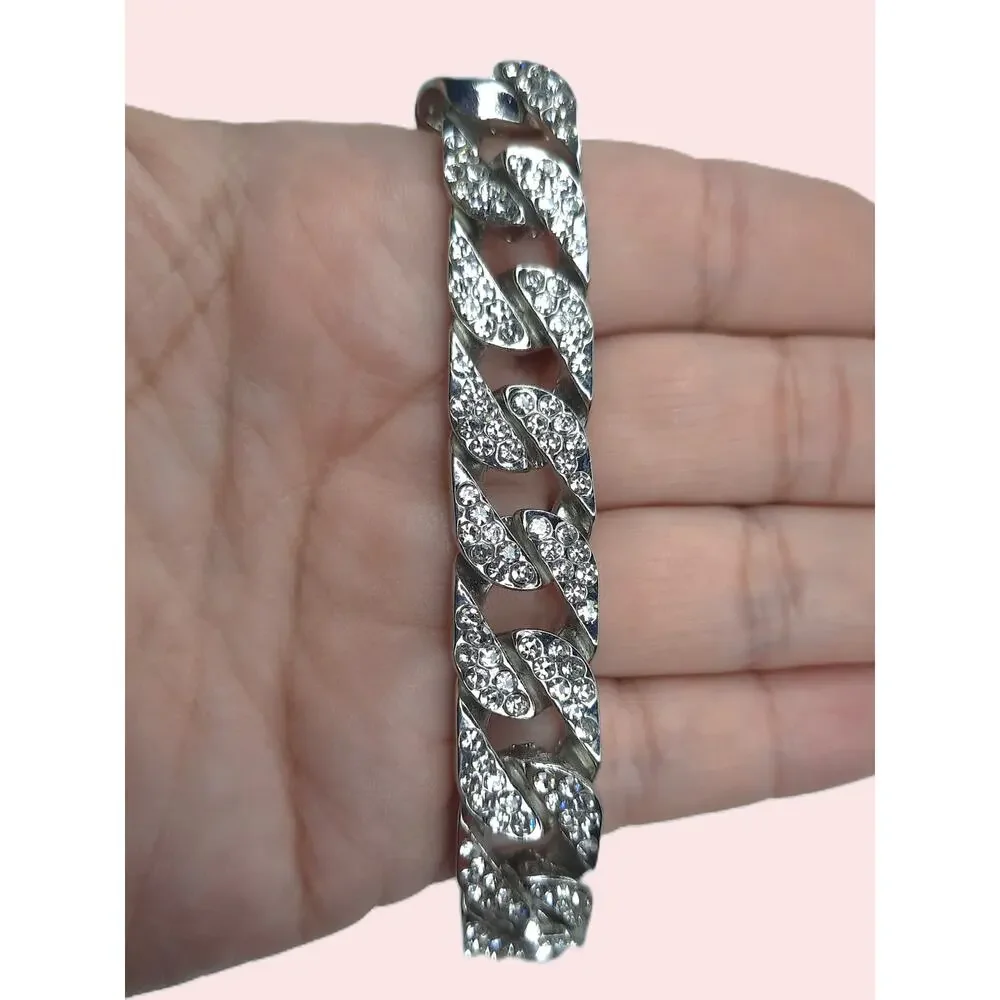 Miami Cuban Link Chain Bracelet Silver Rhinestone Iced Out Chunky Bling Unisex
